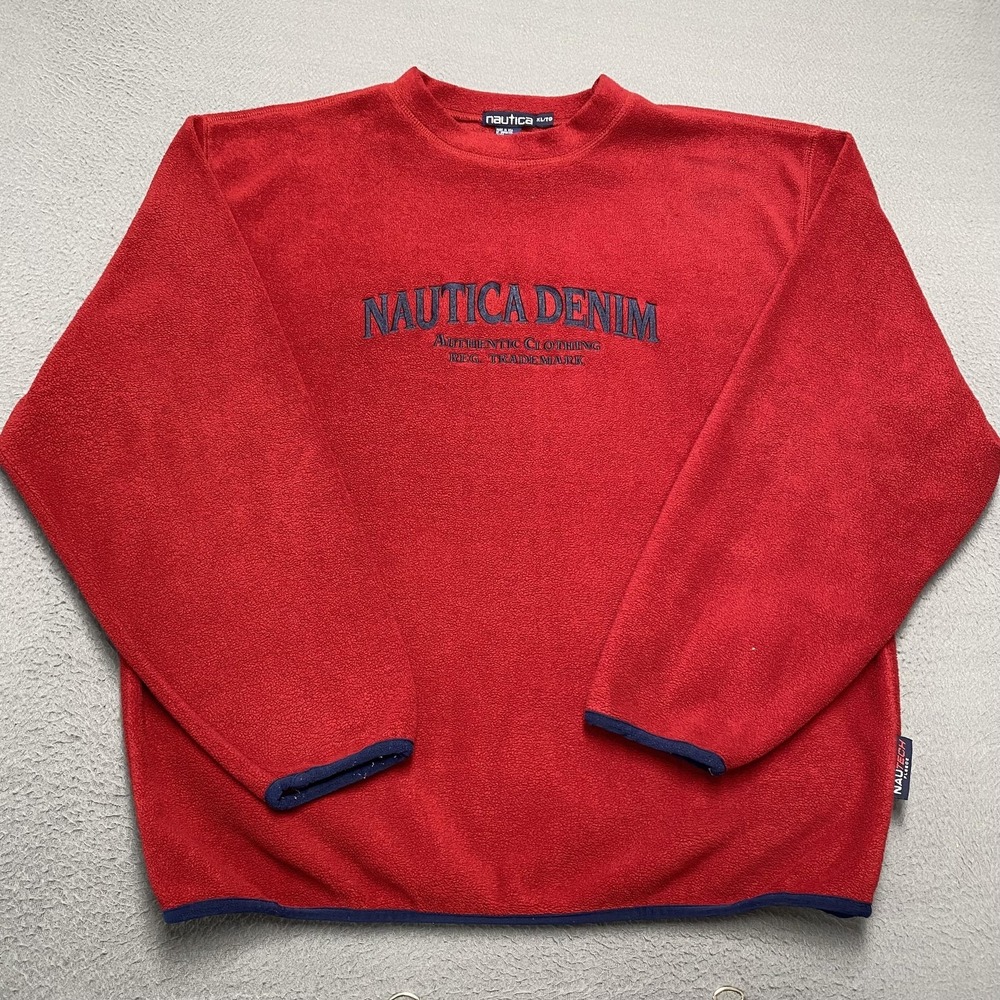 VTG Nautica Denim Sweatshirt Mens XL Red Fleece Crewneck Pullover Made USA 90s